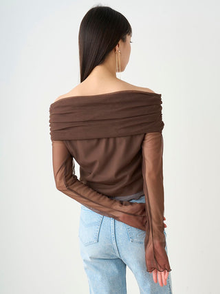 Sheer Ruched Off Shoulder Top in BROWN, Premium Fashionable Women's Tops Collection at SNIDEL USA.