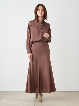 Relaxed Fit Satin Long Sleeve Shirt in Brown, Women's Luxurious Loungewear Outfits & Accessories at SNIDEL USA