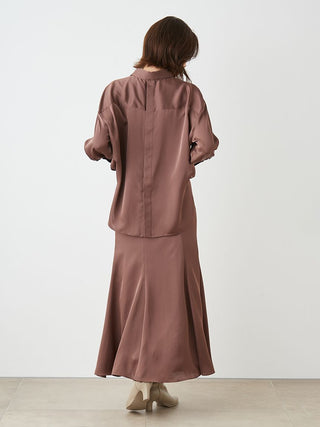 Relaxed Fit Satin Long Sleeve Shirt in Brown, Women's Luxurious Loungewear Outfits & Accessories at SNIDEL USA