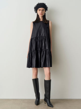 Sleeveless Tiered Faux Leather Mini Dress in Black, Luxury Women's Dresses at SNIDEL USA