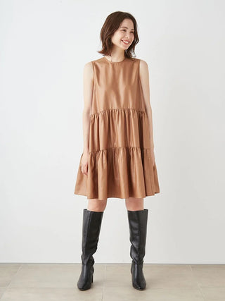 Sleeveless Tiered Faux Leather Mini Dress in Camel, Luxury Women's Dresses at SNIDEL USA