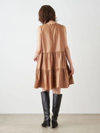 Sleeveless Tiered Faux Leather Mini Dress in Camel, Luxury Women's Dresses at SNIDEL USA