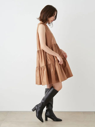 Sleeveless Tiered Faux Leather Mini Dress in Camel, Luxury Women's Dresses at SNIDEL USA