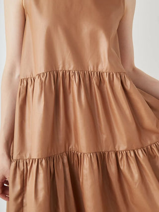 Sleeveless Tiered Faux Leather Mini Dress in Camel, Luxury Women's Dresses at SNIDEL USA