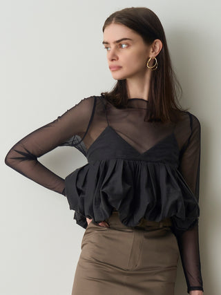 Sheer Puff Sleeve Peplum Top in Black, Premium Fashionable Women's Tops Collection at SNIDEL USA