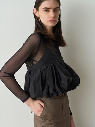 Sheer Puff Sleeve Peplum Top in Black, Premium Fashionable Women's Tops Collection at SNIDEL USA