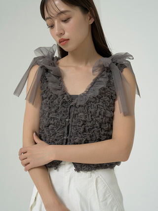 Ribbon Tie Shoulder Ruffle Crop Top in Charcoal Gray, Premium Fashionable Women's Tops Collection at SNIDEL USA