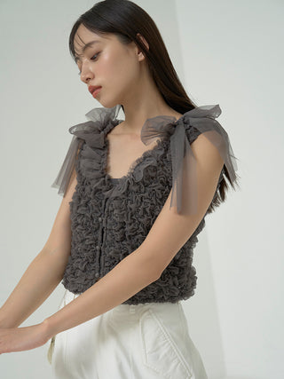 Ribbon Tie Shoulder Ruffle Crop Top in Charcoal Gray, Premium Fashionable Women's Tops Collection at SNIDEL USA