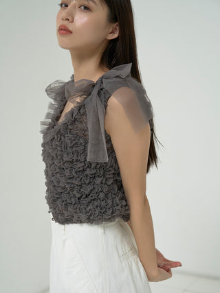 Ribbon Tie Shoulder Ruffle Crop Top in Charcoal Gray, Premium Fashionable Women's Tops Collection at SNIDEL USA