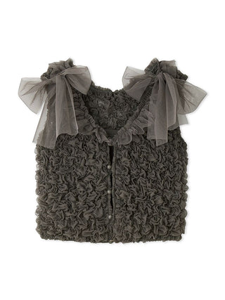 Ribbon Tie Shoulder Ruffle Crop Top in Charcoal Gray, Premium Fashionable Women's Tops Collection at SNIDEL USA