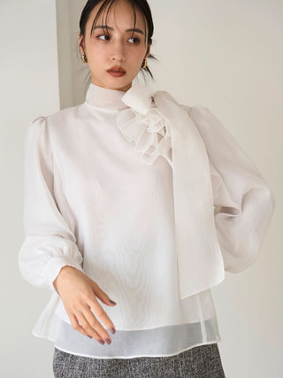 Sustainable Ruffle Ribbon Organza Blouse in Ivory, Premium Fashionable Women's Tops Collection at SNIDEL USA