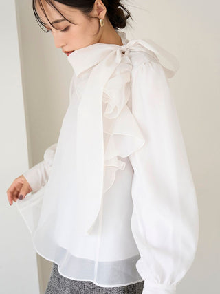 Sustainable Ruffle Ribbon Organza Blouse in Ivory, Premium Fashionable Women's Tops Collection at SNIDEL USA