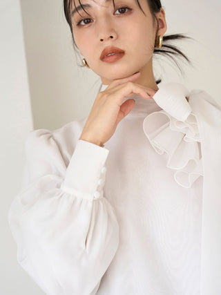 Sustainable Ruffle Ribbon Organza Blouse in Ivory, Premium Fashionable Women's Tops Collection at SNIDEL USA