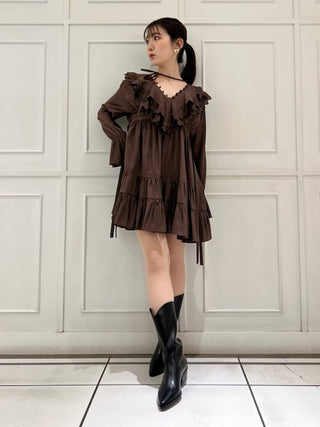 Boho Tunic Ruffle Top in Brown, Premium Fashionable Women's Tops Collection at SNIDEL USA