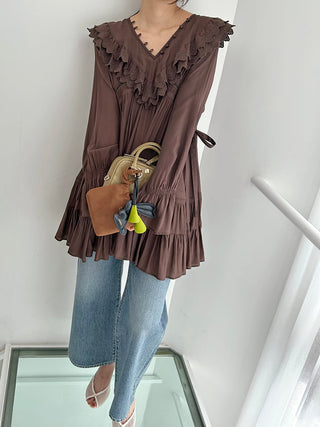 Boho Tunic Ruffle Top in Brown, Premium Fashionable Women's Tops Collection at SNIDEL USA