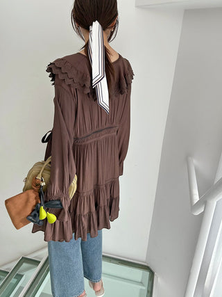 Boho Tunic Ruffle Top in Brown, Premium Fashionable Women's Tops Collection at SNIDEL USA