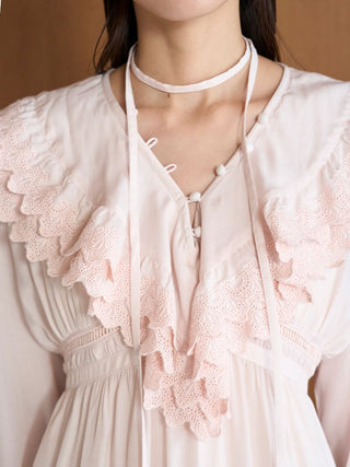 Boho Tunic Ruffle Top in Pink Beige, Premium Fashionable Women's Tops Collection at SNIDEL USA