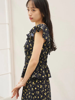 Sustainable Fruit Print Shirred Blouse