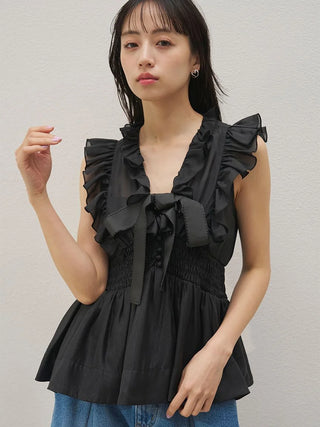 Sheer Peplum Ribbon Blouse