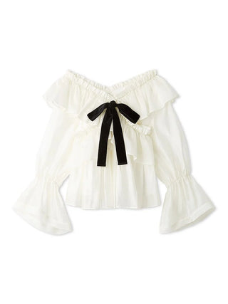 Front view of the SNIDEL ivory ribbon frill tunic with layered ruffles, flared cuffs and a black velvet bow.