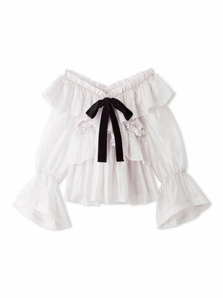 Front view of the SNIDEL light pink ribbon frill tunic with layered ruffles, flared cuffs and a black velvet bow.