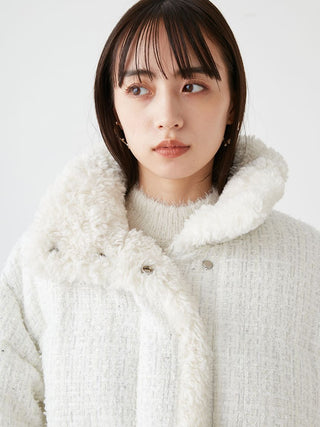 Tweed Down Textured Bouclé Jacket with Sherpa Lining in white, Premium Women's Outwear at SNIDEL USA.