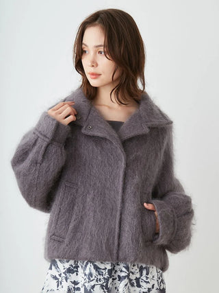 Shaggy Semi Cropped Mohair Wool Jacket in Dark Gray, Premium Women's Fashionable Sweater, Pullover at SNIDEL USA