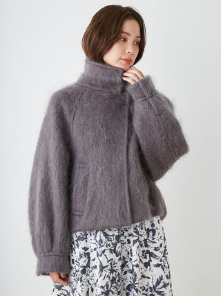 Shaggy Semi Cropped Mohair Wool Jacket in Dark Gray, Premium Women's Fashionable Sweater, Pullover at SNIDEL USA