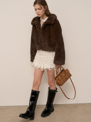 Short Stand Collar Faux Fur Coat