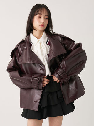 Brown SNIDEL Stand Collar Belted Jacket worn open with collar folded down over a white bow blouse.