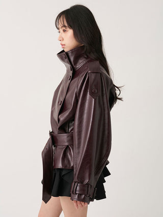 Side view of the brown SNIDEL Stand Collar Belted Jacket with raised collar and buckled sleeve cuff.