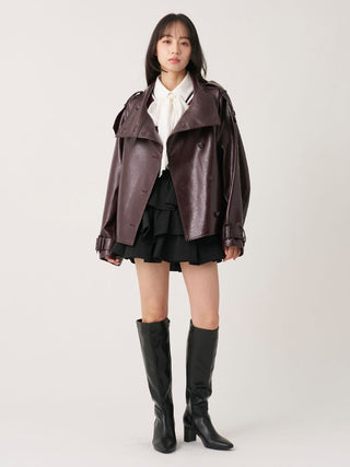 Brown SNIDEL Stand Collar Belted Jacket worn open over a white bow blouse, black mini skirt and tall boots.