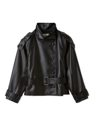 Front view of the black SNIDEL Stand Collar Belted Jacket with waist belt and buckled cuffs.
