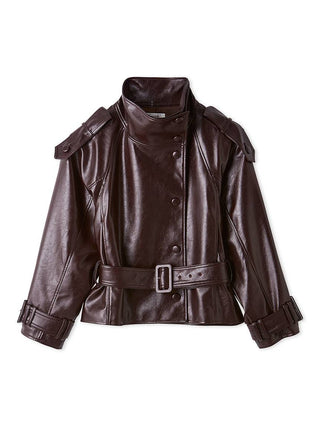 Front view of the brown SNIDEL Stand Collar Belted Jacket with waist belt and buckled cuffs.