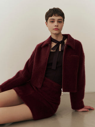 Cozy Cropped Wool Jacket in Burgandy, Premium Women's Outwear at SNIDEL USA