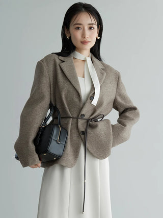 Belted Tweed Blazer in Brown, Premium Women's Outwear at SNIDEL USA