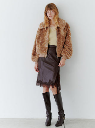 Brown spotted SNIDEL Faux Fur Blouson styled with a pale knit top, lace-trimmed skirt and knee-high boots.