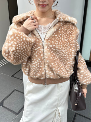 Model wearing the brown spotted SNIDEL Faux Fur Blouson partially zipped over a white lace-trimmed outfit.