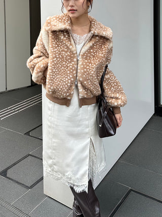 Brown spotted SNIDEL Faux Fur Blouson styled with a white lace-trimmed skirt, tall boots and a black handbag.