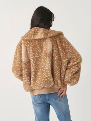 Back view of the brown spotted SNIDEL Faux Fur Blouson, showing its wide collar and gathered ribbed hem.