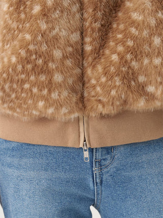 Close-up of the brown spotted SNIDEL Faux Fur Blouson's ribbed waistband and lower zipper pull.
