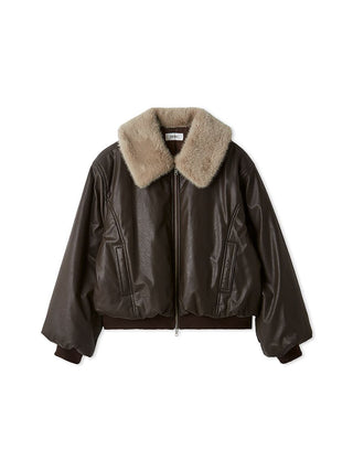 Front view of the brown SNIDEL Faux Fur Blouson with a beige faux fur collar and ribbed cuffs.