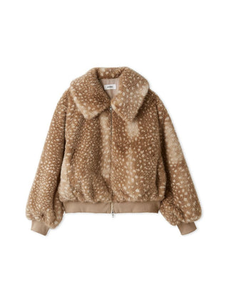 Front view of the SNIDEL Faux Fur Blouson in a brown spotted pattern with a large collar and zip closure.