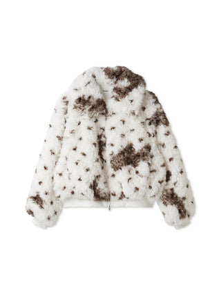 Front view of the SNIDEL Faux Fur Blouson in a white and brown mixed pattern with a large collar.