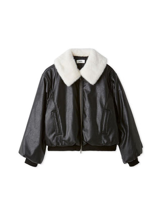Front view of the black SNIDEL Faux Fur Blouson with a white faux fur collar, zip front and ribbed hem.