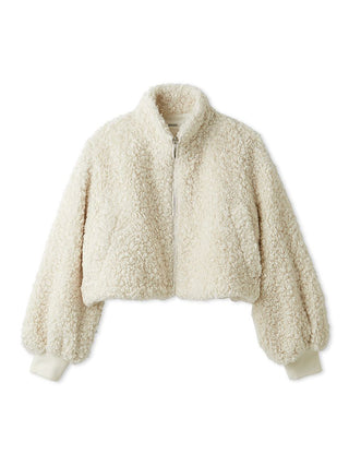 Cream-colored cropped teddy fleece jacket with a front zipper, stand-up collar, and ribbed cuffs, shown against a plain white background.