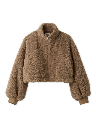 A cropped teddy fleece zip-up jacket in a warm taupe-brown color, featuring a stand-up collar, front zipper, and ribbed cuffs, shown against a plain white background.