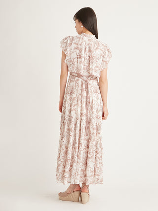 Pleated Floral Maxi Dress in pink beige, premium women's dress at SNIDEL USA