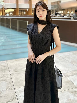 Overshoulder Jacquard Maxi Dress in  black, premium women's dress at SNIDEL USA