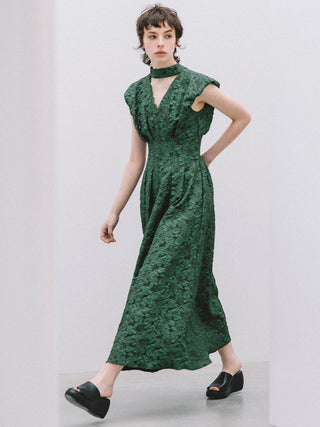 Overshoulder Jacquard Maxi Dress in green, premium women's dress at SNIDEL USA